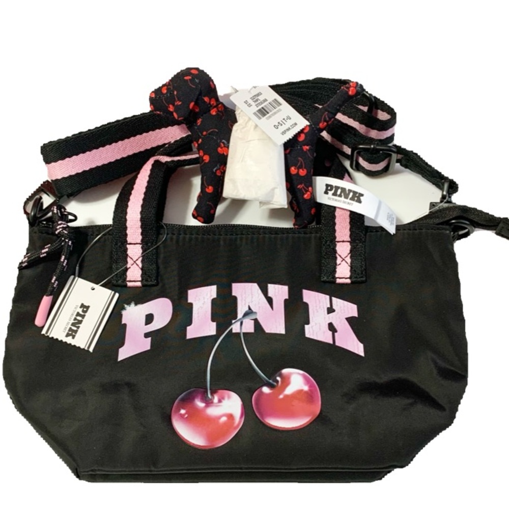 Victorias Secret NEW Cherry Nylon Mini Tote & Micro Dog Keychain Charm Cherries